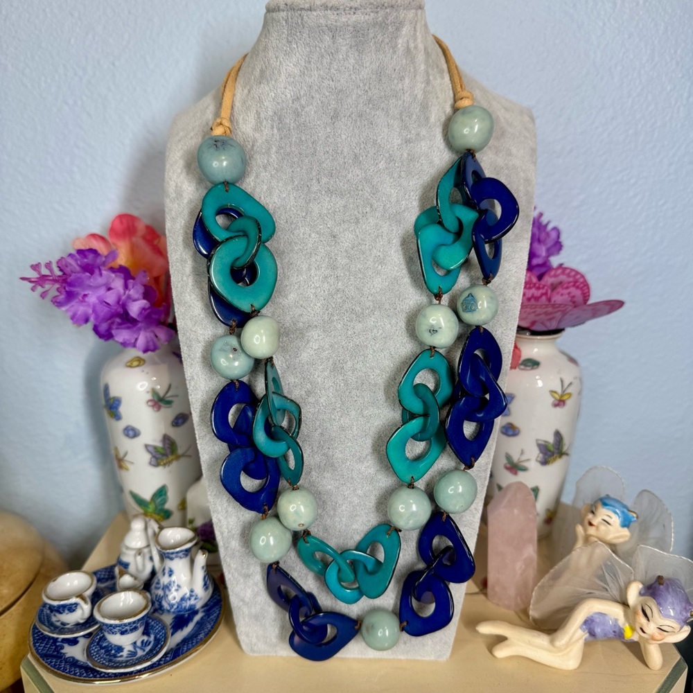 Tagua Nut Necklace with ceramic beads on leather, Terquoise & Blue 20”-30”